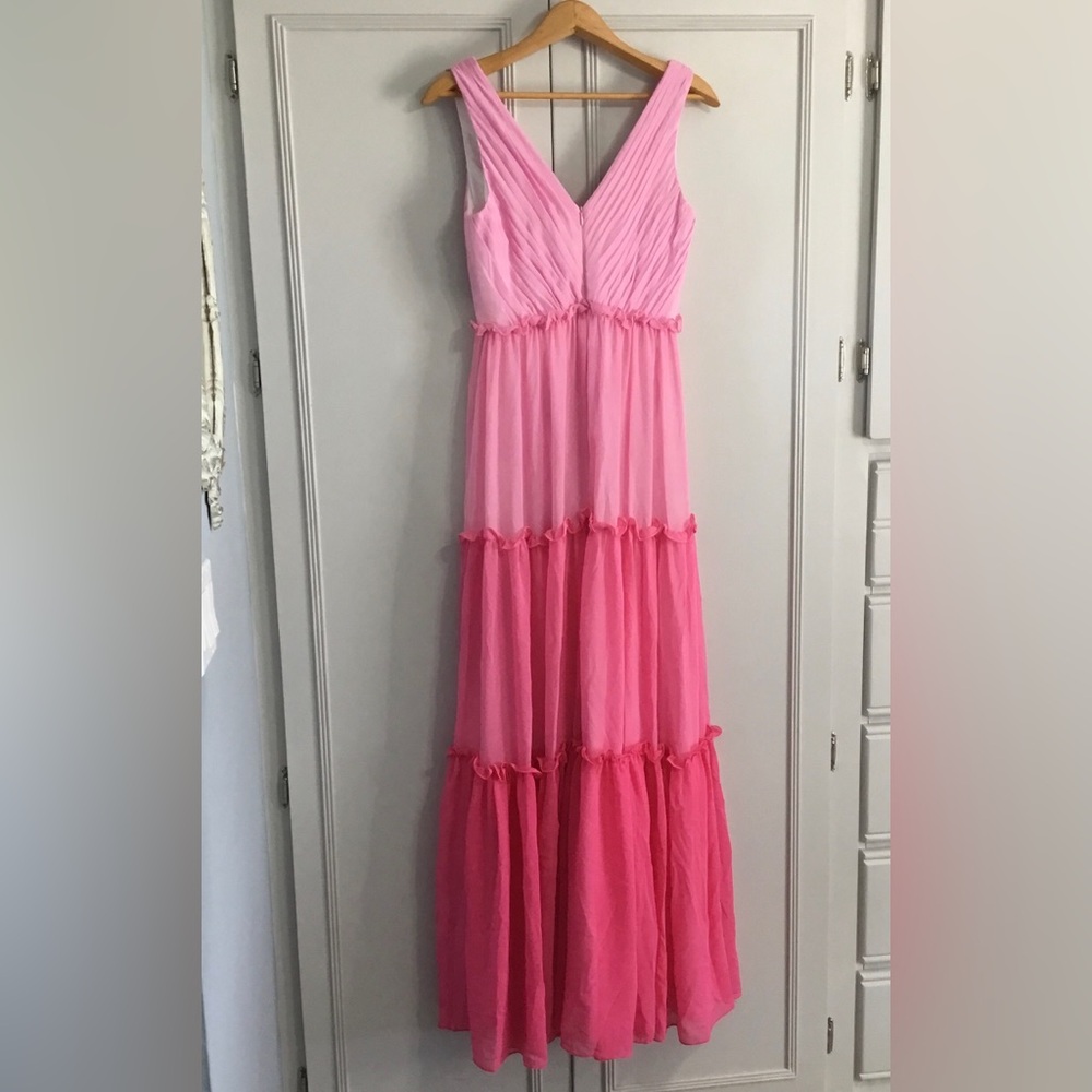 AIDEN AIDEN MATTOX Pink Colorblock Tiered Ruffle Maxi Dress size 0 - Picture 3 of 14